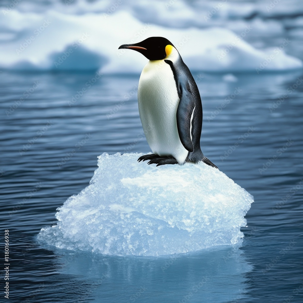 Fototapeta premium A penguin perched on the edge of an iceberg, isolated in nature