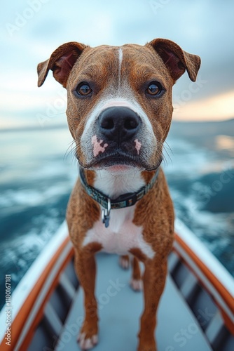 A brown and white dog sitting comfortably on a boat photo