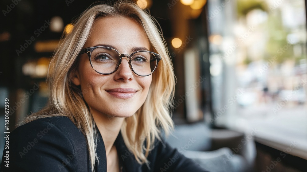 Smiling woman with glasses enjoying coffee in cozy cafe setting
