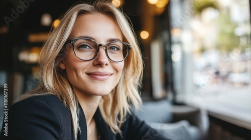 Smiling woman with glasses enjoying coffee in cozy cafe setting