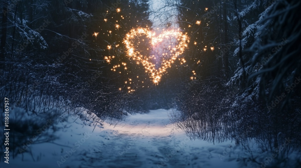 Obraz premium A snowy forest path with a heart-shaped firework display in the sky above
