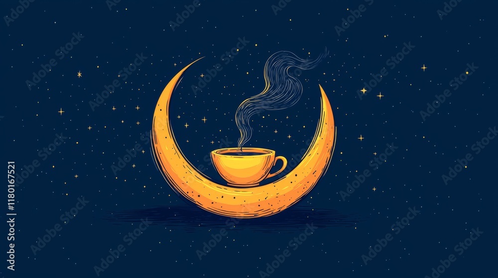 Naklejka premium Crescent moon icon with steaming tea bedtime ritual symbol