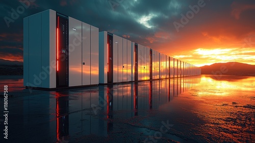 A futuristic data center illuminated by sunset, reflecting on a wet surface.