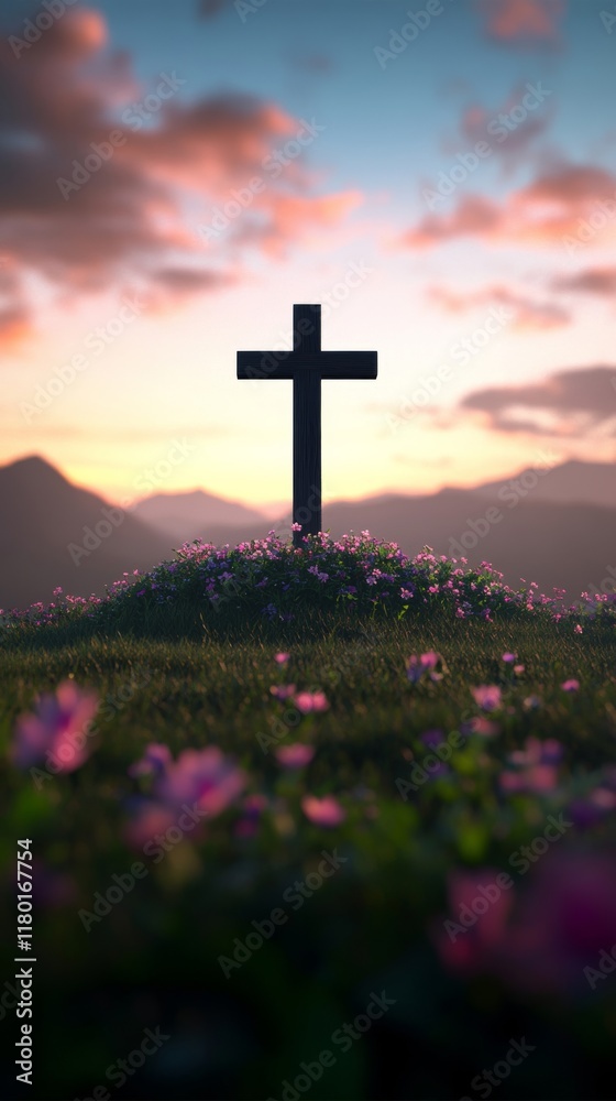A serene Easter morning background with a wooden cross on a hilltop framed by a sunrise and blooming wildflowers in vibrant spring colors A serene Easter morning background with a wooden cross on a hilltop framed by a sunrise and blooming wildflowers in vibrant spring colors