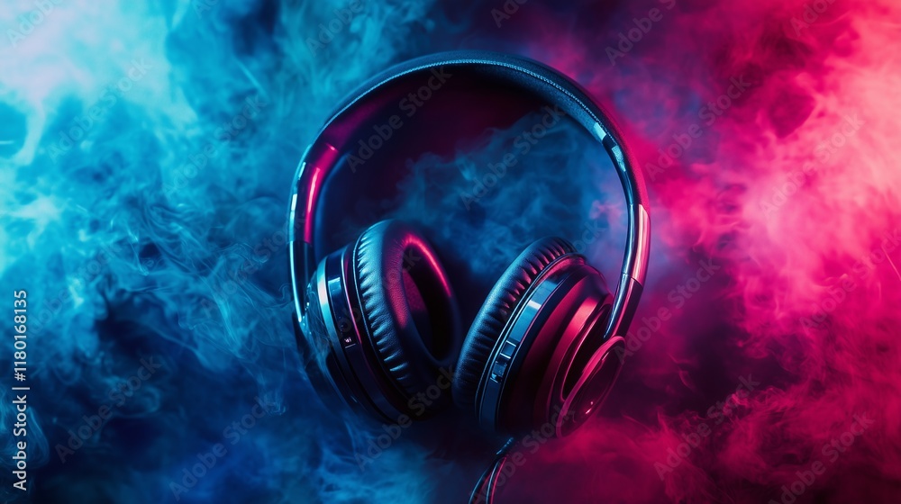Fototapeta premium Headphones in a vibrant blue and pink gradient background