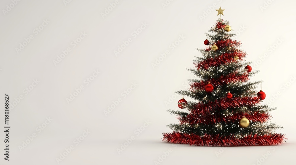A 3D image of a Christmas tree with red tinsel and gold balls is set against a white background. A 3D image of a Christmas tree with red tinsel and gold balls is set against a white background.