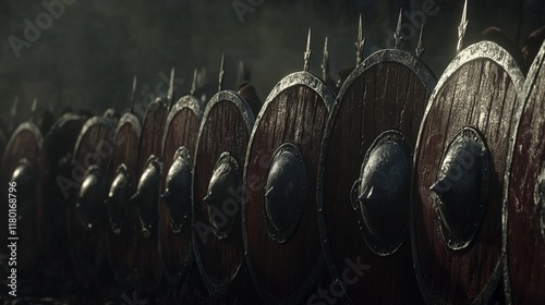 Viking shield wall, with warriors standing in formation photo