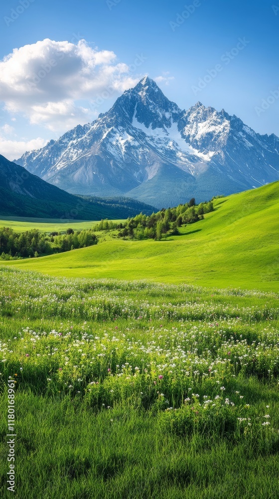 Fototapeta premium A spring mountain backdrop with rolling green hills colorful wildflowers and snow capped peaks under a warm sunny sky 