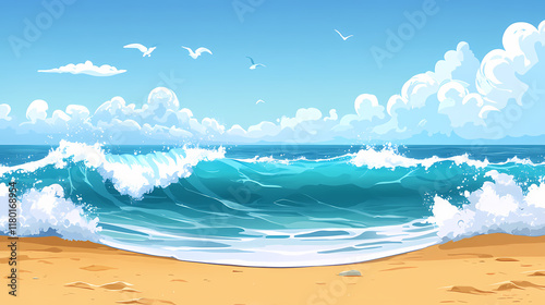 Majestic ocean wave crashing on sandy shore for coastal scenery and sea-themed designs. Wavecrest. Illustration