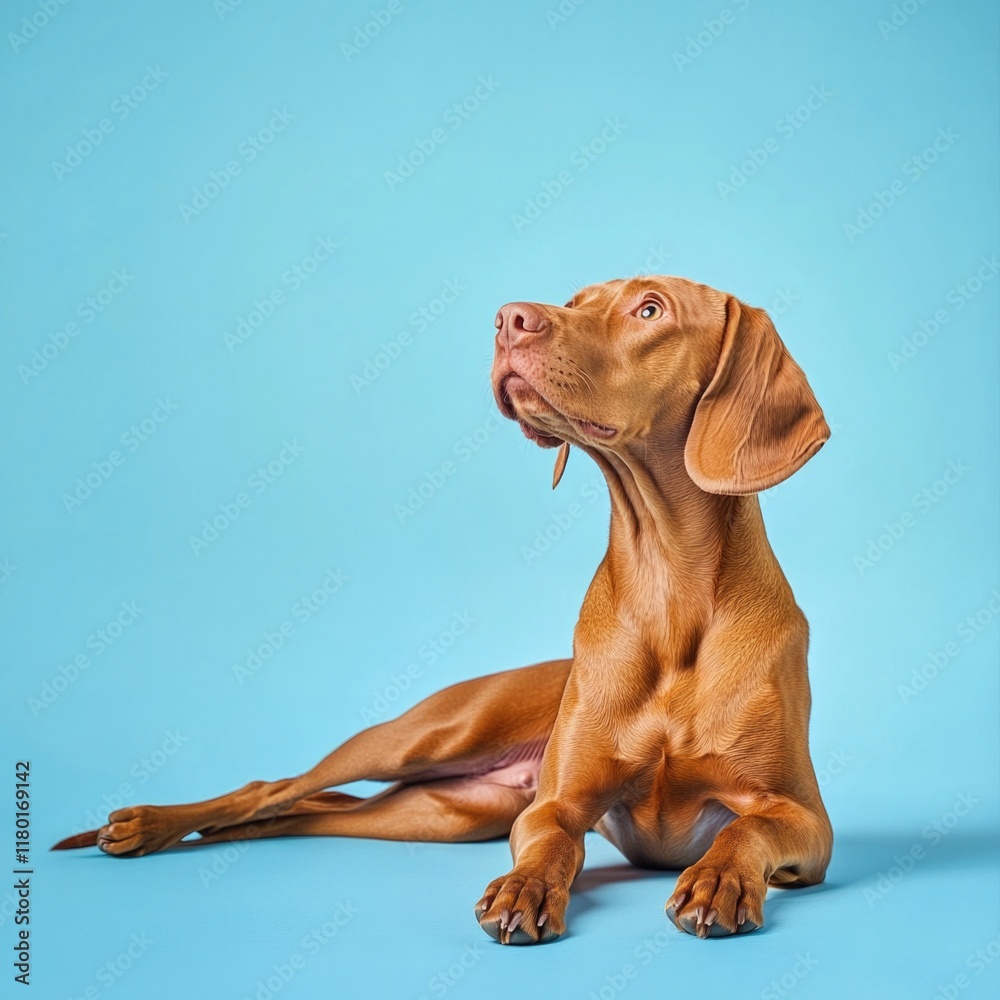 Fototapeta premium A brown dog is lying down on a blue surface, providing a contrasting and visually appealing scene