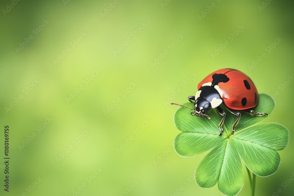 A ladybug sits on a rare four-leaf clover, surrounded by greenery A ladybug sits on a rare four-leaf clover, surrounded by greenery