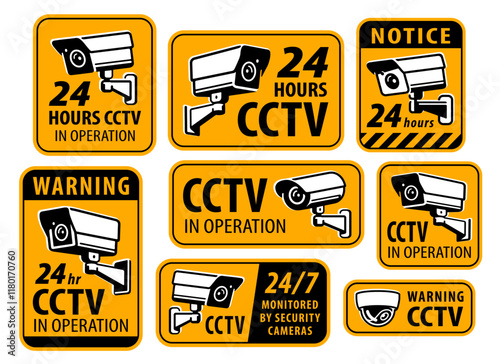 Video surveillance signs. Security protection system. Set of yellow stickers, cctv in operation
