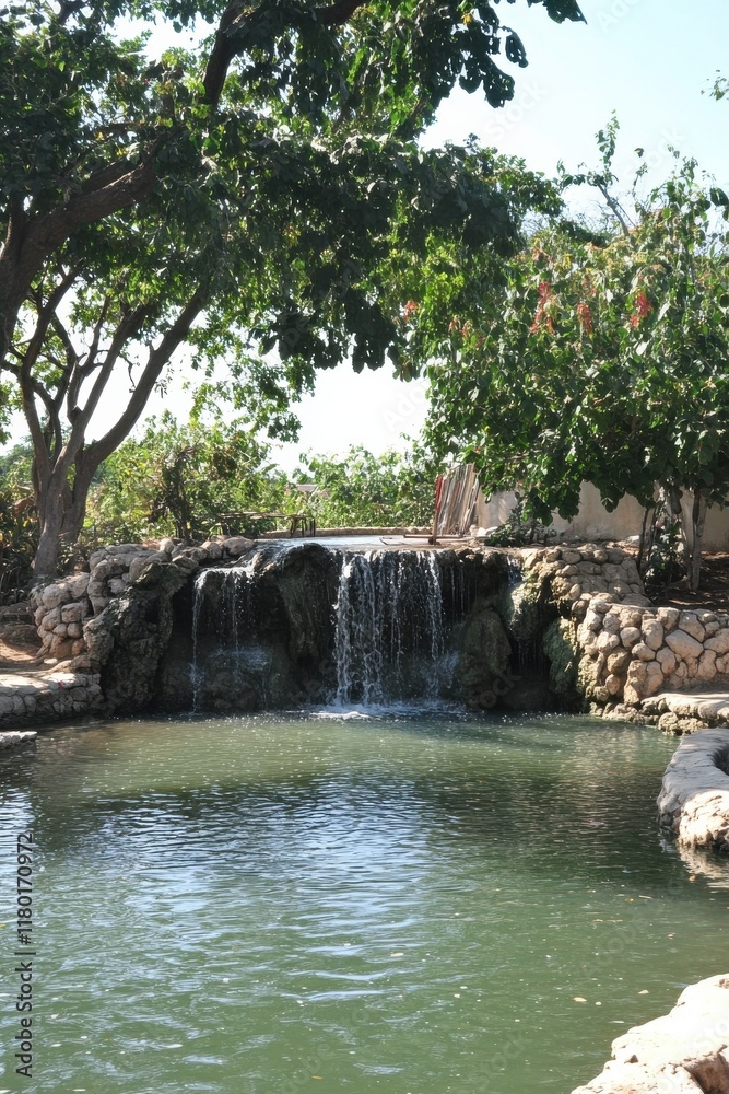 Naklejka premium Serene Waterfall Scene in a Lush Tropical Garden Paradise