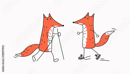 Fox athlete, training, walking, rollerblading. Nordic walking. Sport fox. Set of cute animals doing sports. Simple vector icons on white isolated background.