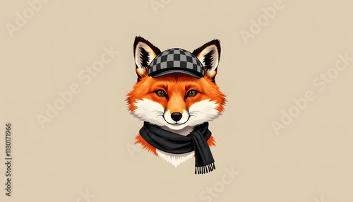 Stylized fox wearing hat and scarf on plain background