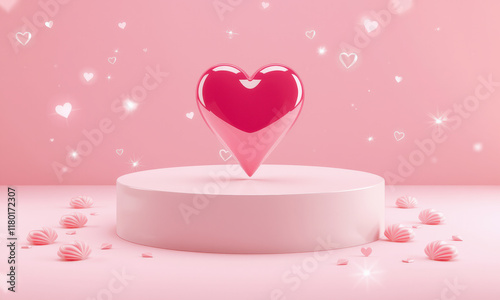glossy pink heart floats above round podium surrounded by small heart shapes and sparkles, creating romantic and dreamy atmosphere