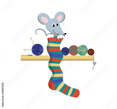 Cute cartoon mouse. The mouse puts on a big sock. Handicrafts, knitting, hobby. Knitted warm clothes. Balls of thread, skeins of wool, threads, knitting needles.
