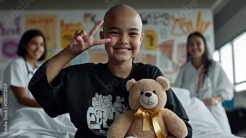 9 years old bald cancer girl makes victory sign with one hand while holding a teddy bear at hospital 