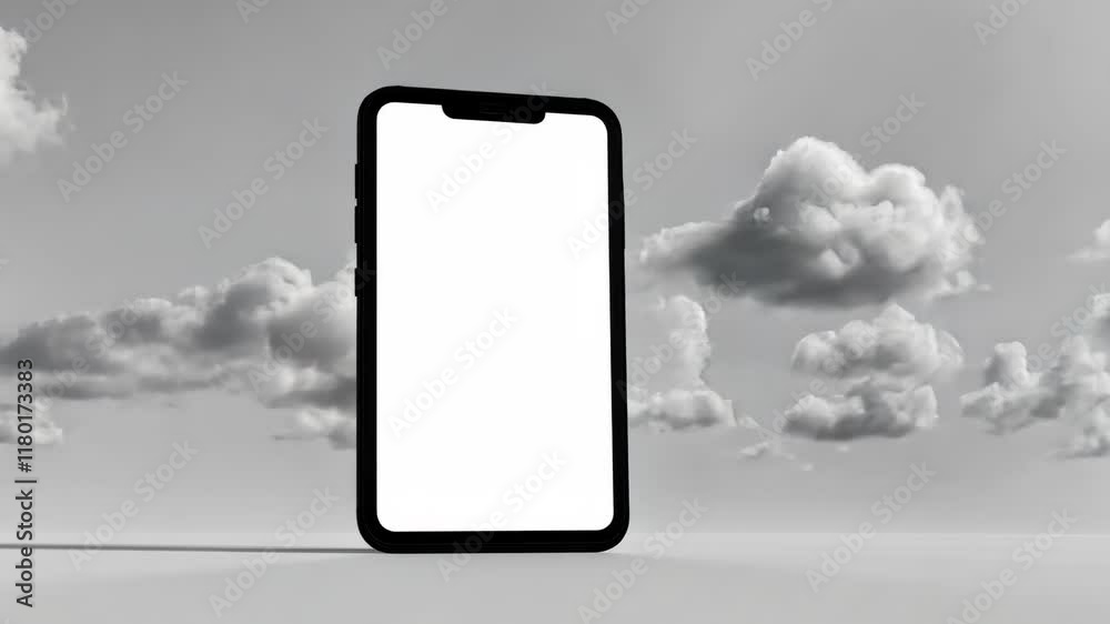 Floating smartphone against a cloudy background showcasing a blank screen in a minimalist setting