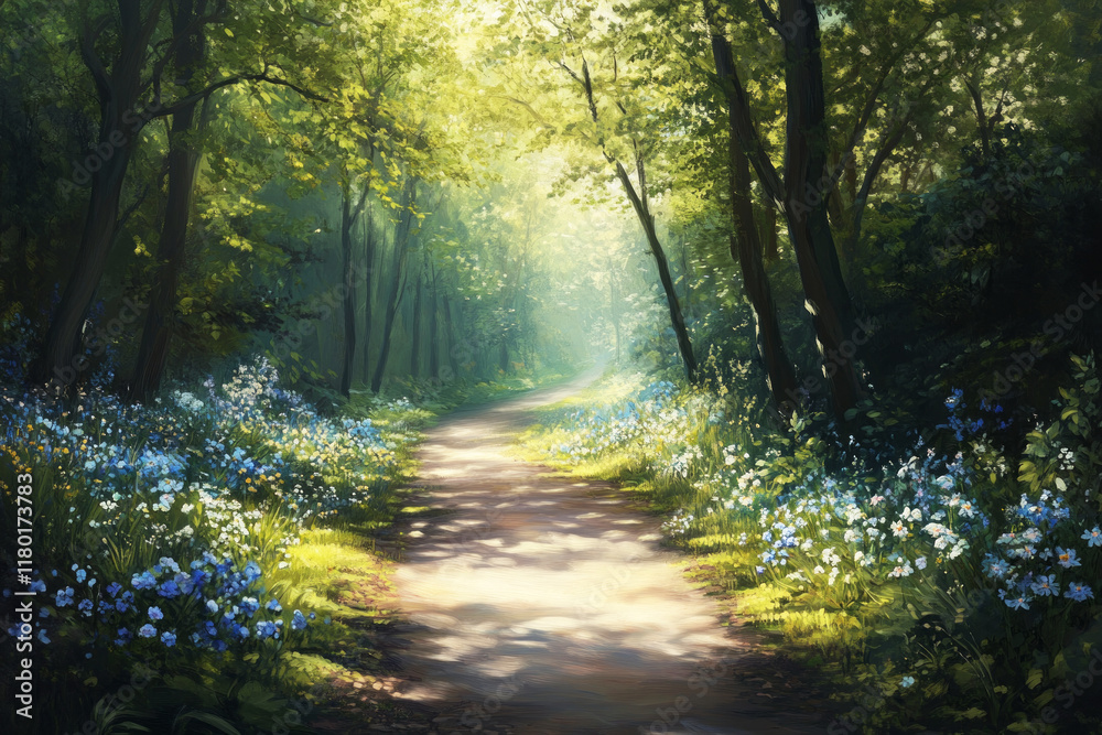 A spring nature walk along a path lined with budding trees and wildflowers, sunlight gently filtering through the leaves A spring nature walk along a path lined with budding trees and wildflowers, sunlight gently filtering through the leaves