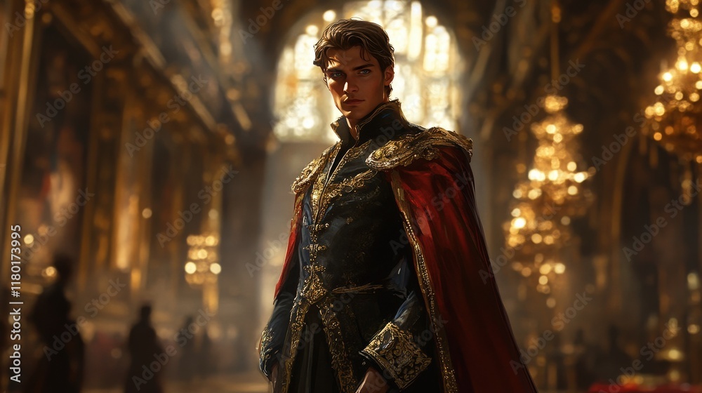 Naklejka premium Young Prince Posing In Regal Attire Within Grand Palace