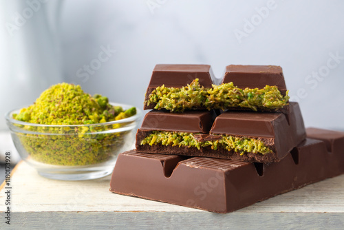 Obraz na płótnie Trend chocolate; Dubai chocolate is made with pistachio paste and kadayif. w salonie