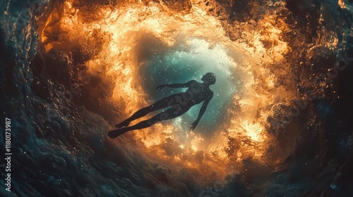 Surreal image of person diving into swirling galaxy symbolizing sleep