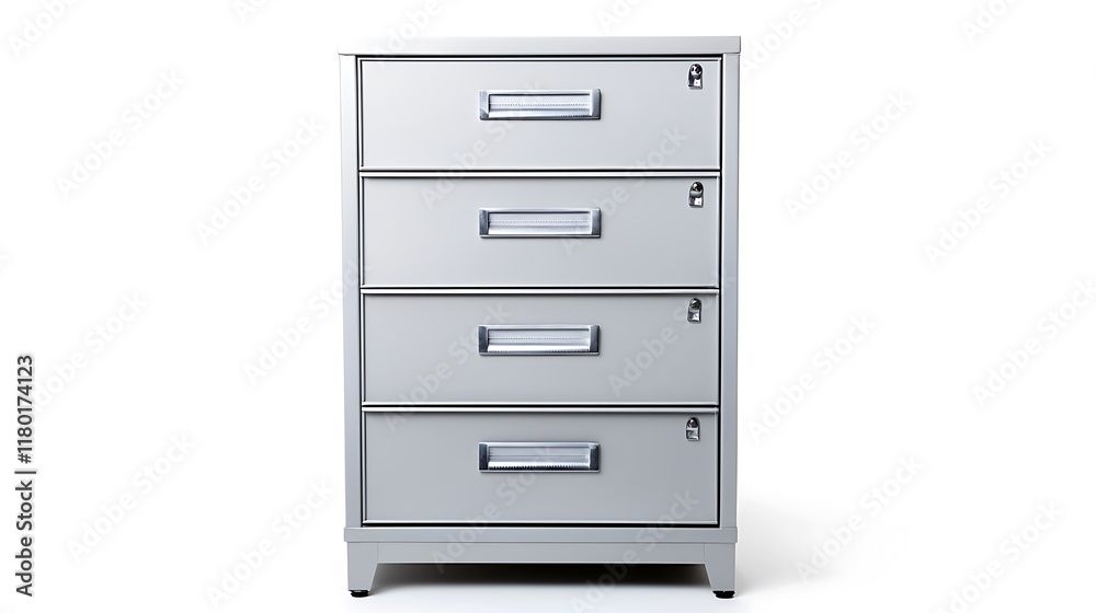 A silver filing cabinet with four drawers A silver filing cabinet with four drawers