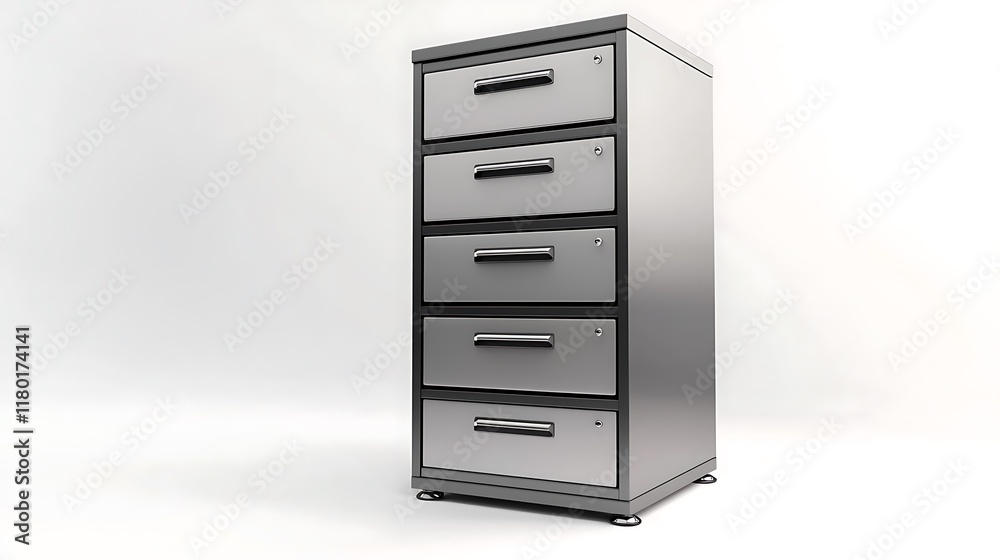 A silver metal filing cabinet with five drawers A silver metal filing cabinet with five drawers