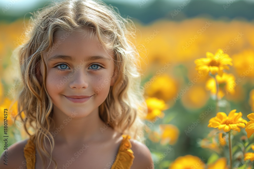 smiling blonde child with curly hair standing in vibrant yellow sunlit flower field gazing at camera cheerful mood concept of youth marketing education smiling blonde child with curly hair standing in vibrant yellow sunlit flower field gazing at camera cheerful mood concept of youth marketing education