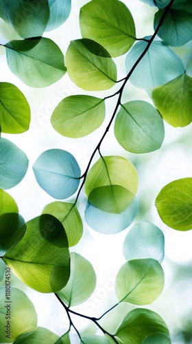 Modern spring abstract featuring overlapping translucent floral shapes in blues and greens with glowing sunlight accents on a clean white background 