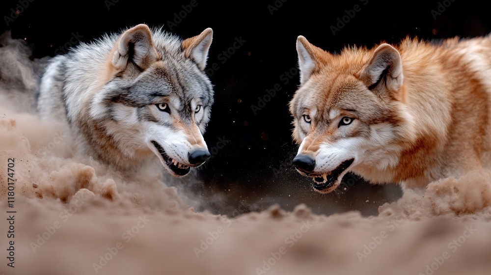 Two wolves running in the sand with their mouths open Two wolves running in the sand with their mouths open