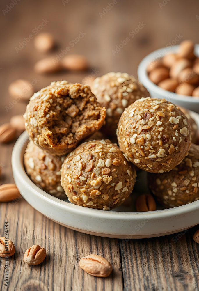 Close Up view of Low-fat energy balls with nuts on wooden background, magazine photoshoot, with white tones Close Up view of Low-fat energy balls with nuts on wooden background, magazine photoshoot, with white tones