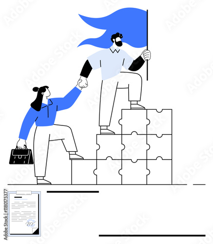 Two colleagues climbing puzzle-piece stairs, one extending a helping hand, symbolizing teamwork, leadership, and success. Ideal for collaboration, leadership training, mentoring, personal growth