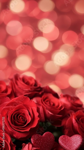 Vibrant Valentines background with glowing red roses and cascading pink hearts over a smooth red to gold gradient 