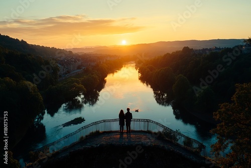 Wallpaper Mural A couple standing on a bridge overlooking a river at sunset Torontodigital.ca