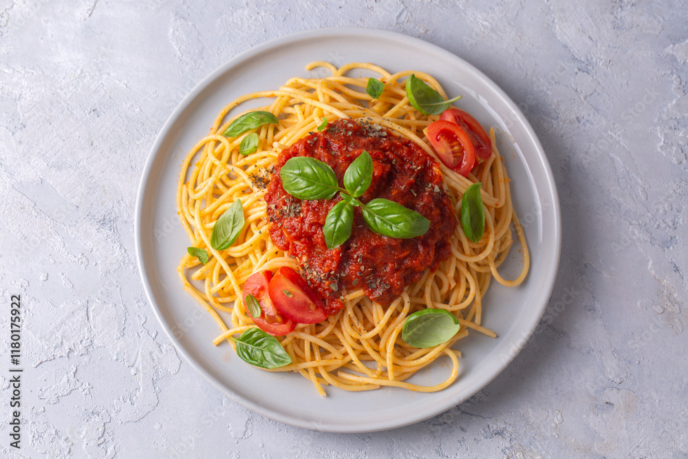 Tasty appetizing classic italian spaghetti pasta with tomato sauce