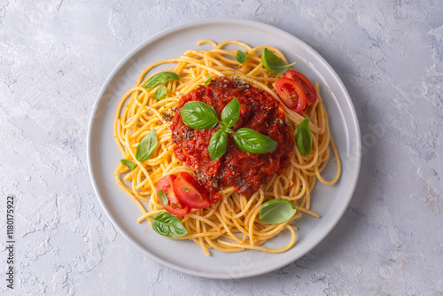 Tasty appetizing classic italian spaghetti pasta with tomato sauce