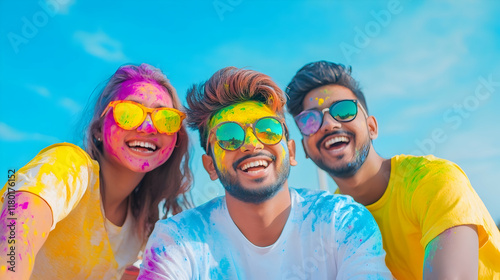 Friends celebrate a lively festival, laughing together under a bright blue sky
