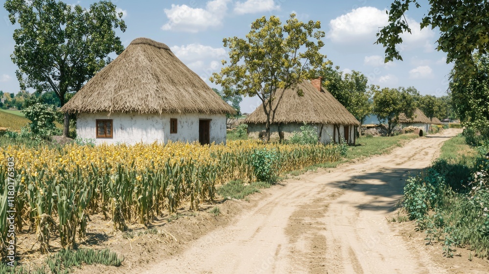 Rural landscape with thatched-roof houses and cornfield. Rural landscape with thatched-roof houses and cornfield.