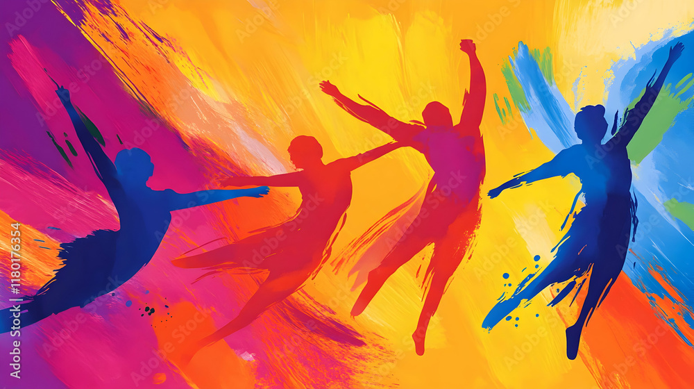 Figures dance joyfully in vibrant colors, embodying freedom in motion Figures dance joyfully in vibrant colors, embodying freedom in motion