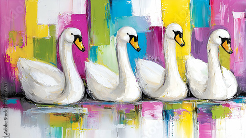 A vibrant artwork featuring four elegant swans on a colorful abstract background, blending bright colors with a serene atmosphere. photo