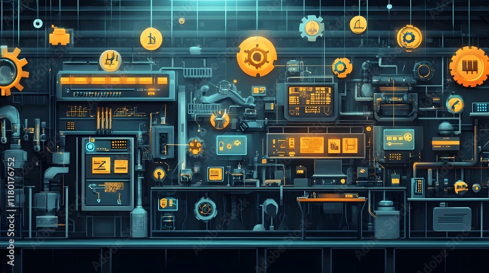 Futuristic Factory with Floating Technological Icons and Mechanisms Futuristic Factory with Floating Technological Icons and Mechanisms