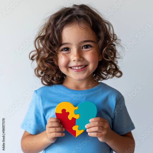 Little girl with blue t-shirt, holding a puzzle of heart, for world autism day.