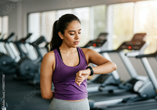 Young woman checking smartwatch during fitness training in modern gym