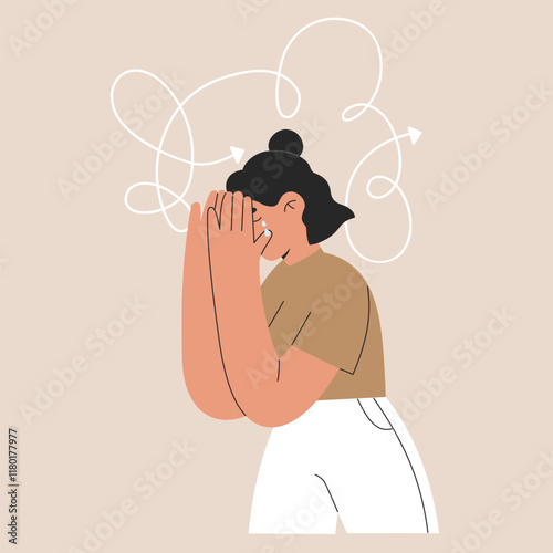 Crying woman has ADHD, anxiety and tangled thoughts. Confused girl has mental disorder and chaos in brain. Frustrated person has headache, burnout and overload in mind, vector isolated illustration