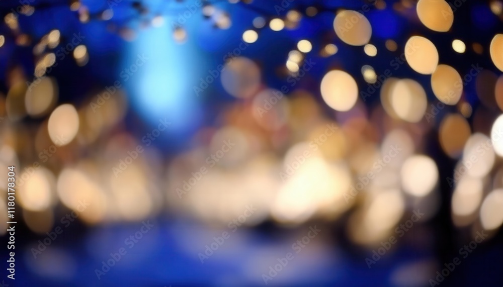 Ethereal golden bokeh lights with blurred blue accents creating a dreamy, abstract background ideal for festive designs and creative projects