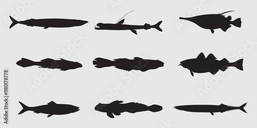 Black silhouettes of river fish. Vector on a gray background