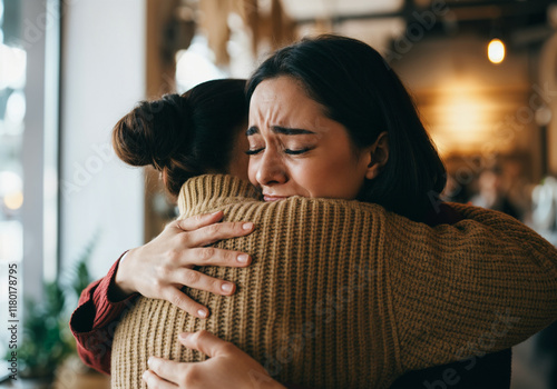 Young woman cries and hugs her friend, finding comfort and support in a moment of sadness