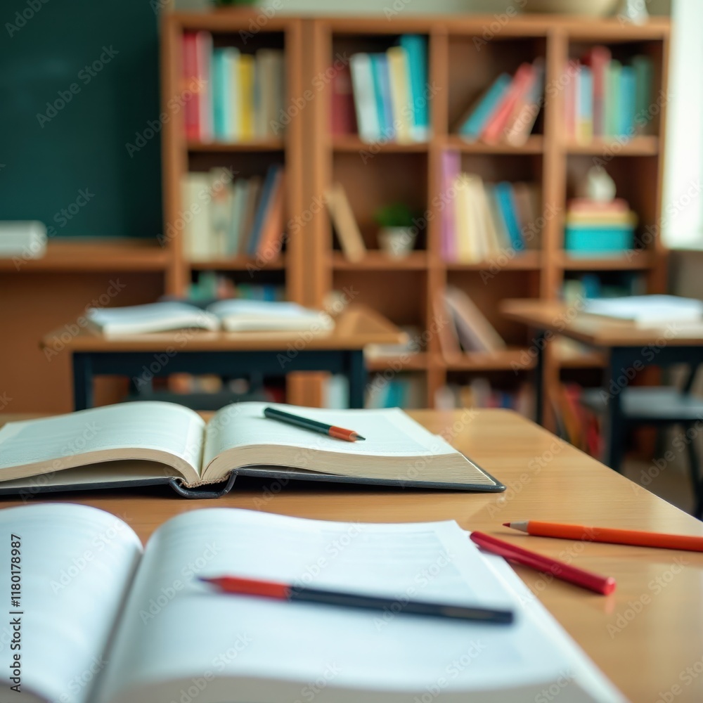 Classroom with open books and pens scattered on tables, pens, environment Classroom with open books and pens scattered on tables, pens, environment